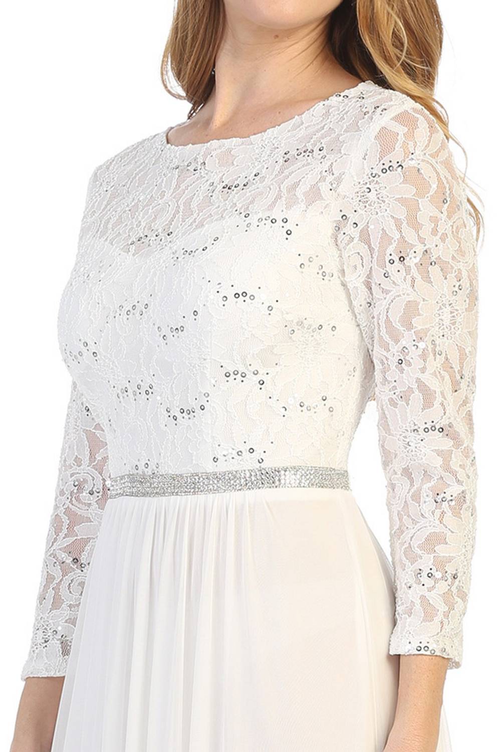Close-up of lace sleeve dress bodice with sequined embroidery, three-quarter sleeves, champagne