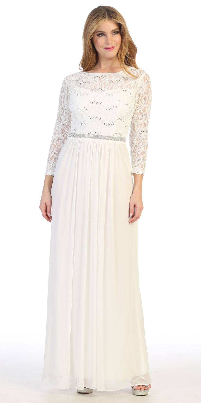 Lace sleeve A-line dress with embroidered lace bodice, three-quarter sleeves, champagne