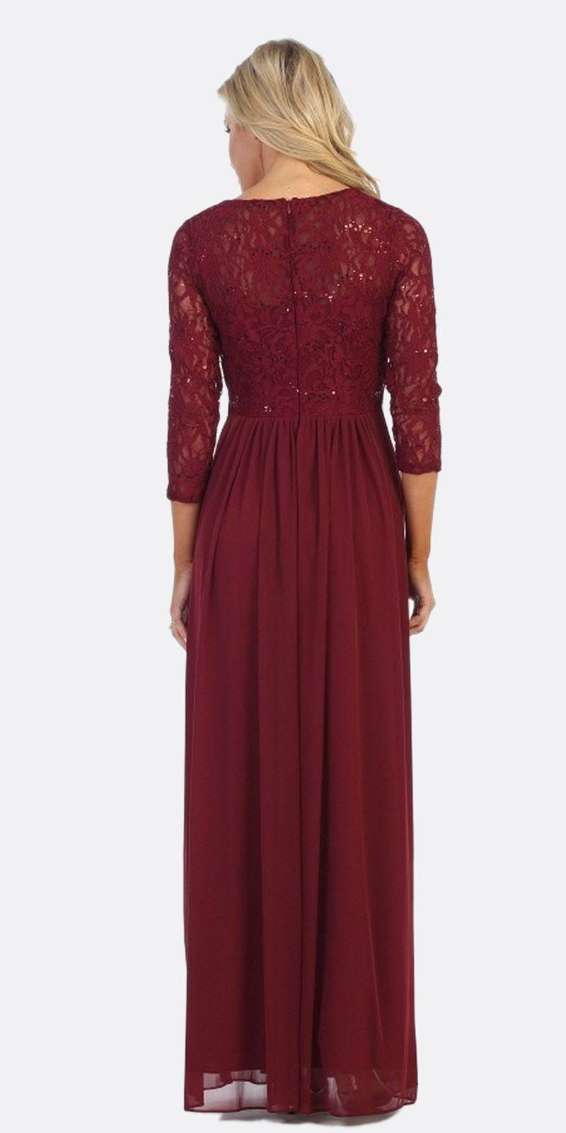 Burgundy lace A-line dress with three-quarter sleeves, back view