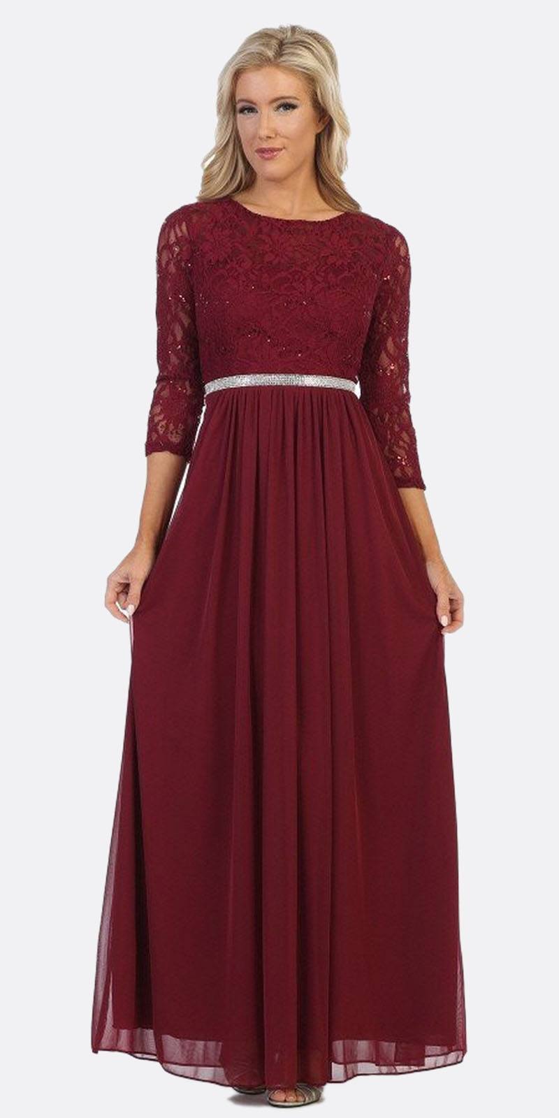Burgundy lace A-line dress with three-quarter sleeves and glittery waist band