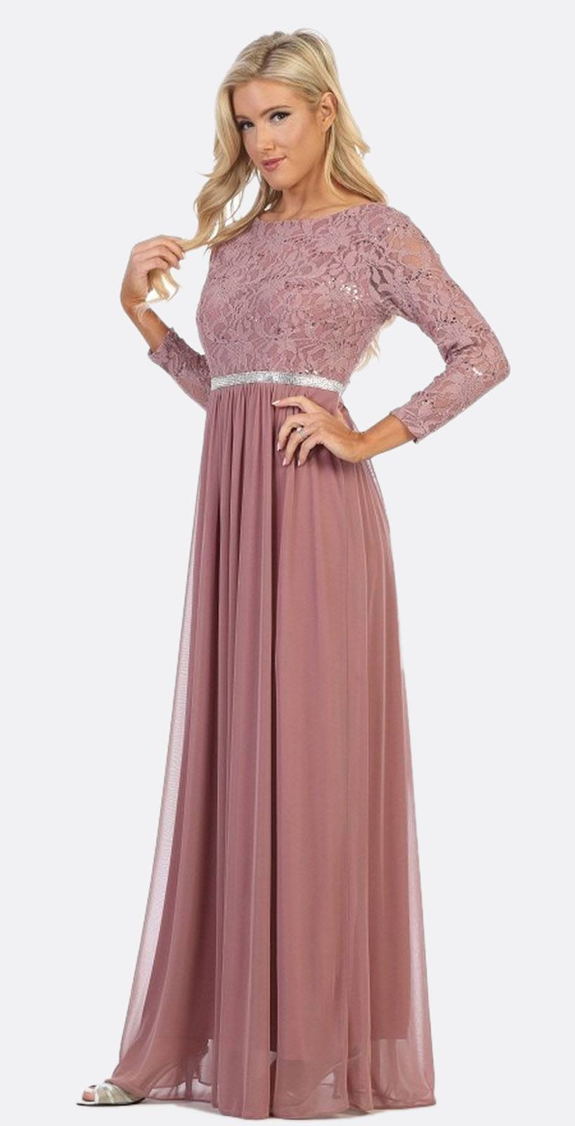 Mauve lace A-line dress with three-quarter sleeves and pleated chiffon skirt