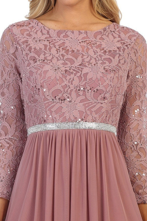 Mauve lace bodice with three-quarter sleeves and sparkling waistband