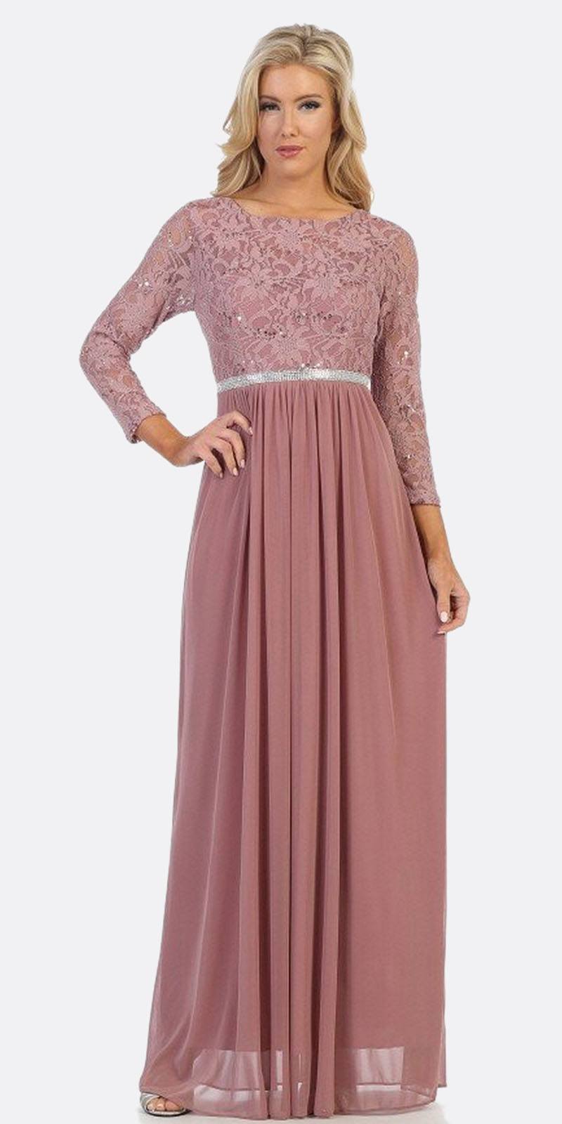 Mauve lace A-line dress with three-quarter sleeves and sparkling waist band