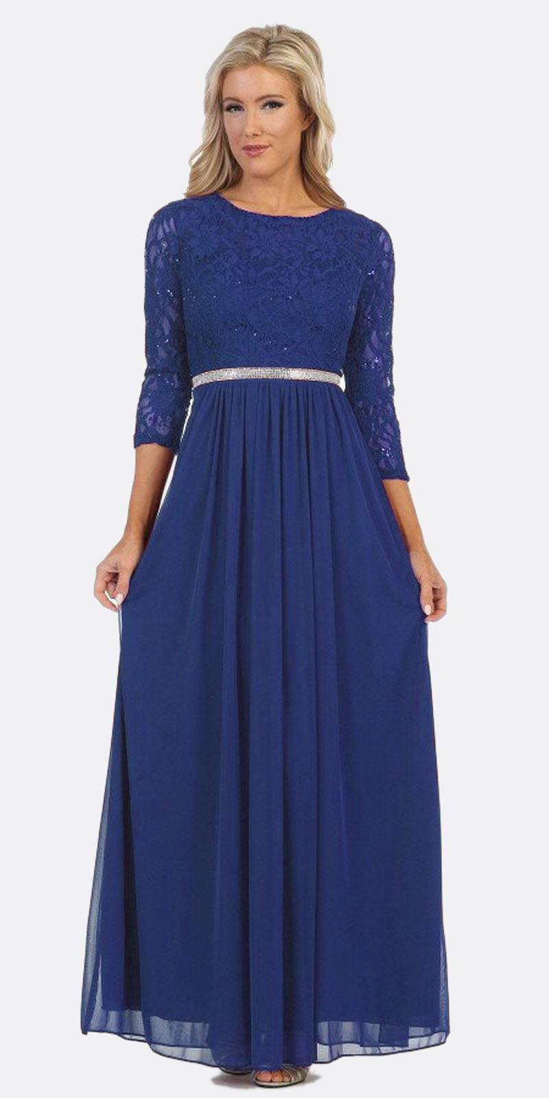 Navy blue lace A-line dress with three-quarter sleeves and glittery waist band