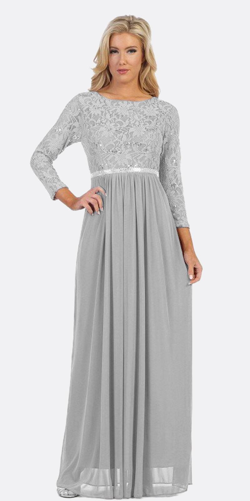 Light gray lace A-line dress with three-quarter sleeves and sparkling waist band
