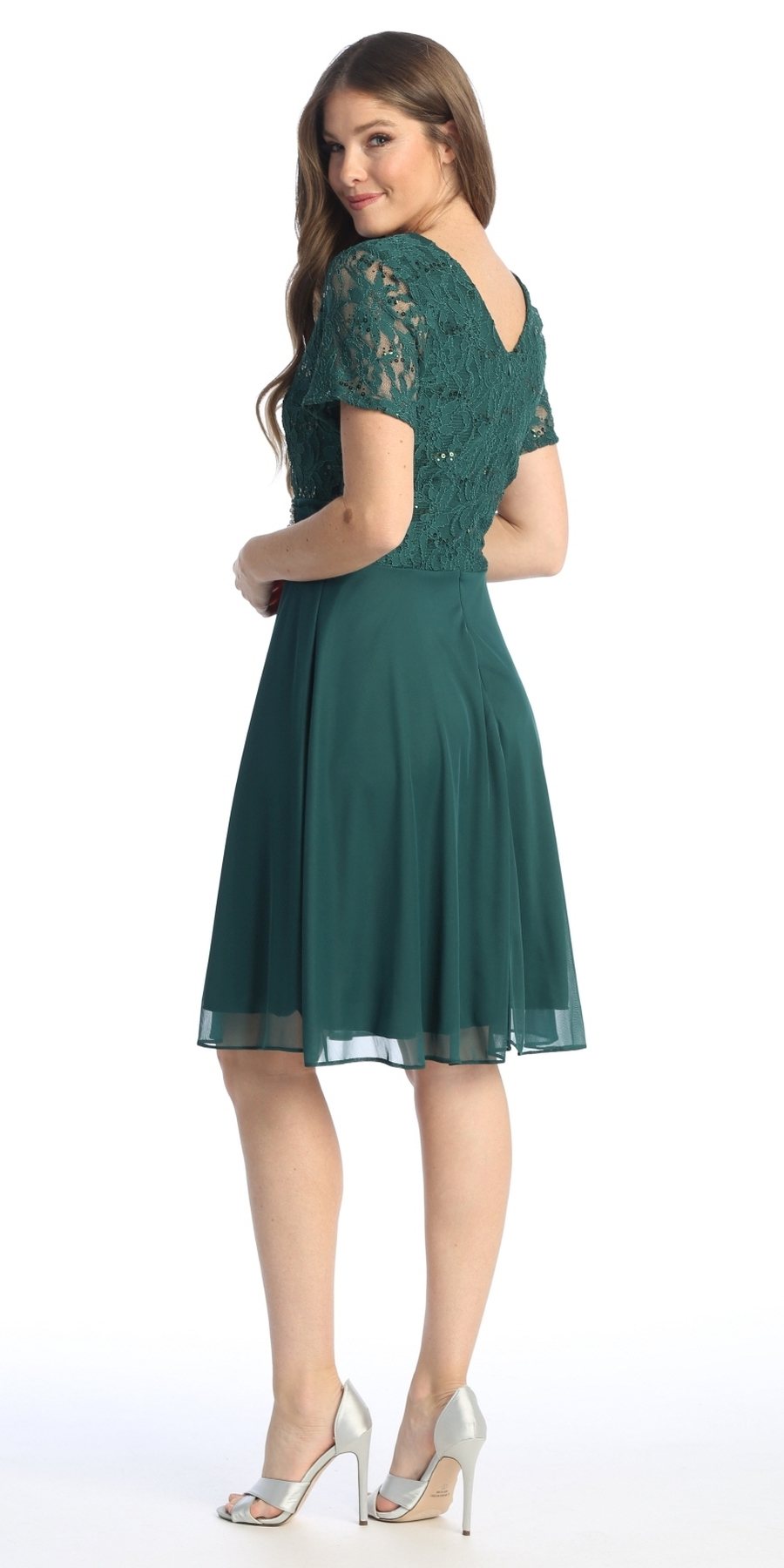 Teal knee-length dress with short sleeves, V-neck, and beaded waist detail