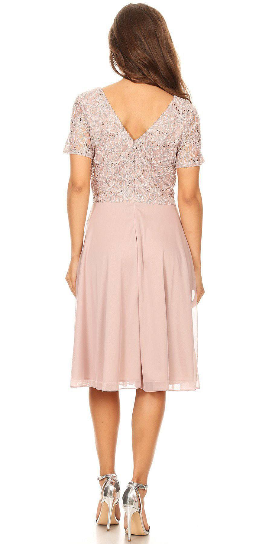 Knee-length short-sleeve dress with open back, blush lace overlay and pleated skirt