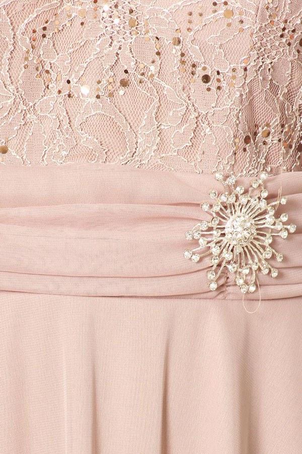 Blush lace bodice with decorative rhinestone flower brooch on sheer overlay