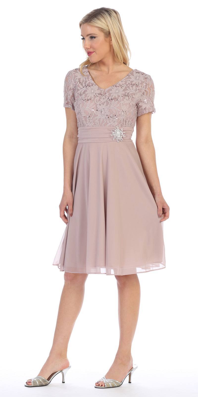 Mocha knee-length dress with short sleeves, V-neck, and beaded waist detail