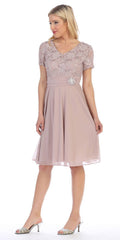 Mocha knee-length dress with short sleeves, V-neck, and beaded waist detail