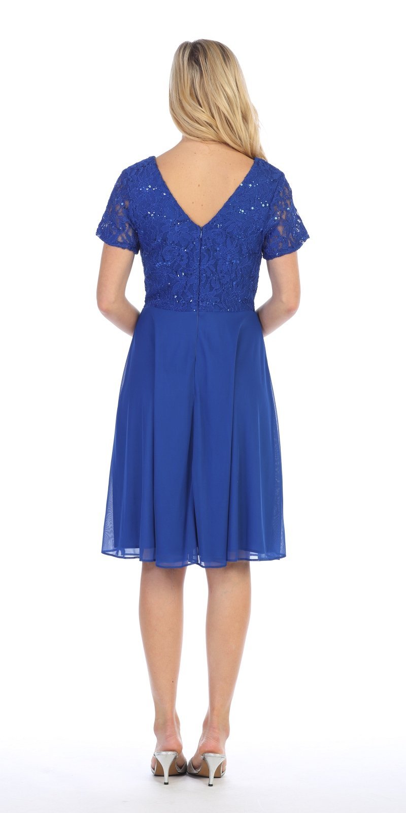 Blue knee-length short-sleeve dress with V-neck and beaded waist detail