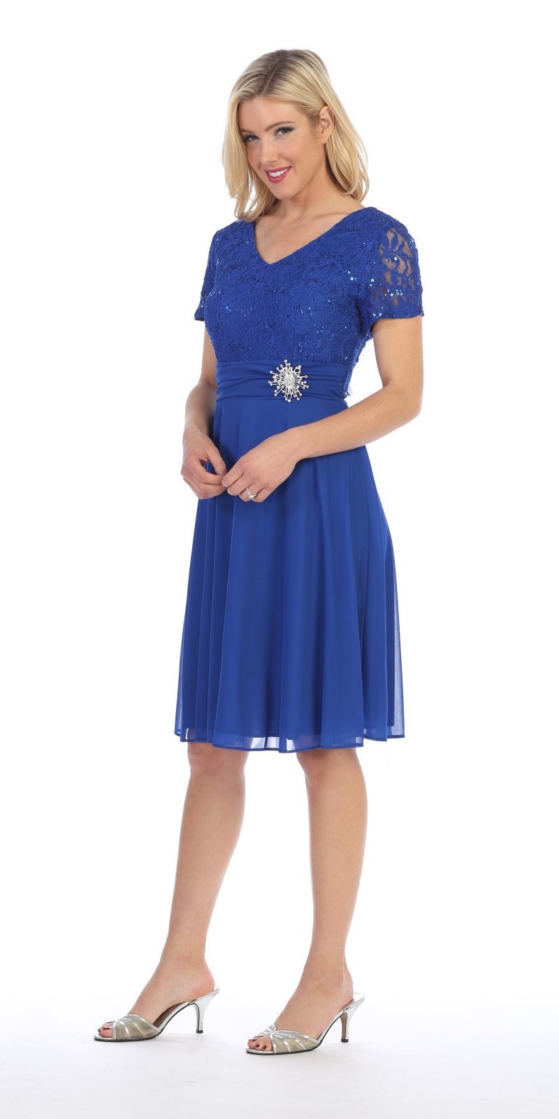 Blue knee-length dress with short sleeves, V-neck, and beaded waist detail