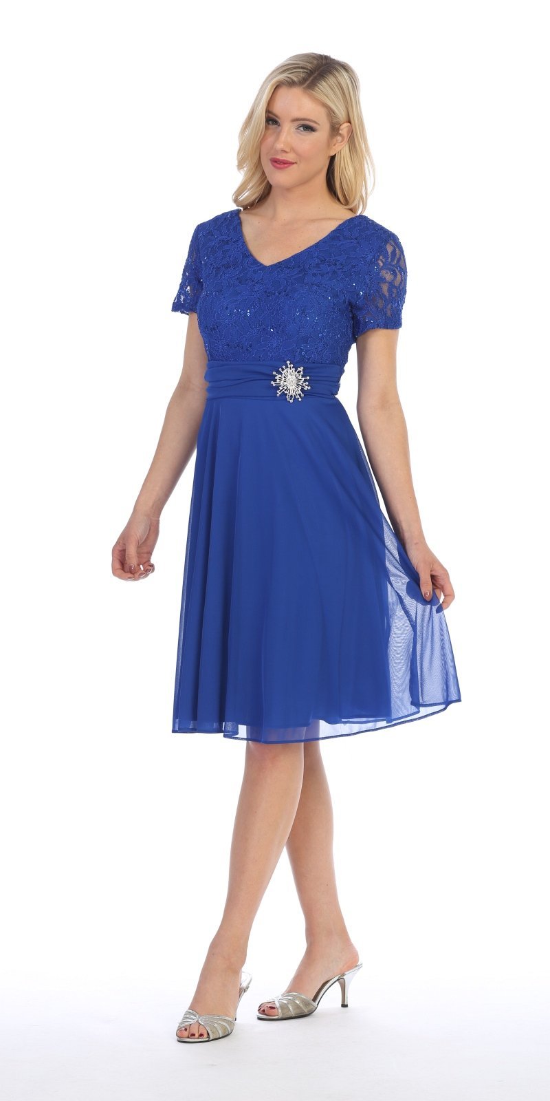 Blue knee-length dress with short sleeves, V-neck, and beaded waist detail