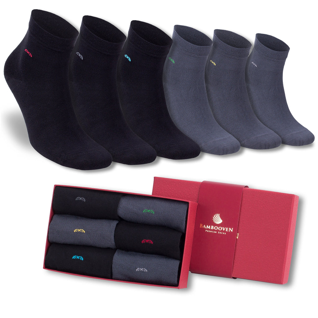 Men's bamboo lightweight dress trouser socks, 6-pack, black and gray logo accents.