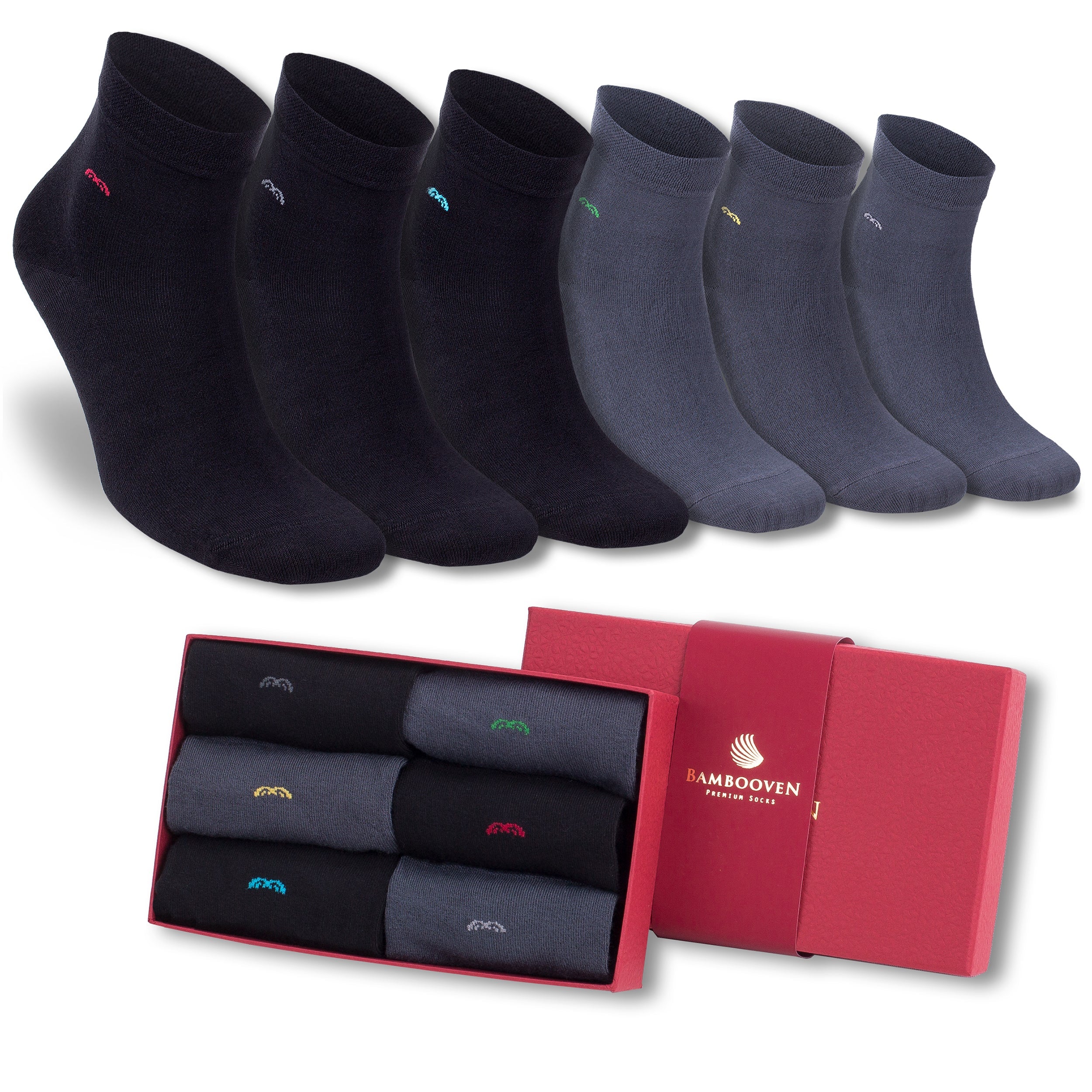 Men's bamboo lightweight dress trouser socks, 6-pack, black and gray logo accents.