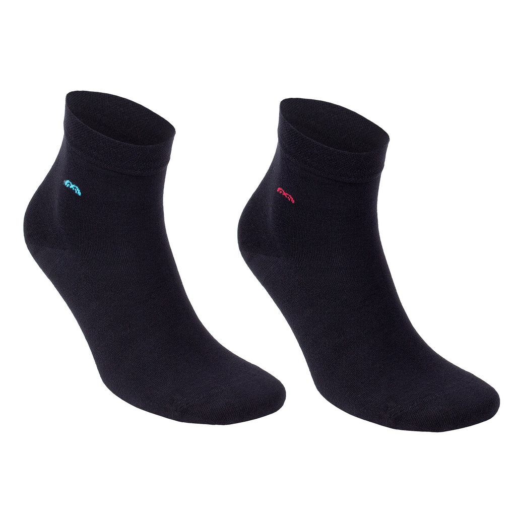 Men's bamboo lightweight trouser dress socks, dark navy/black pair with small logo.