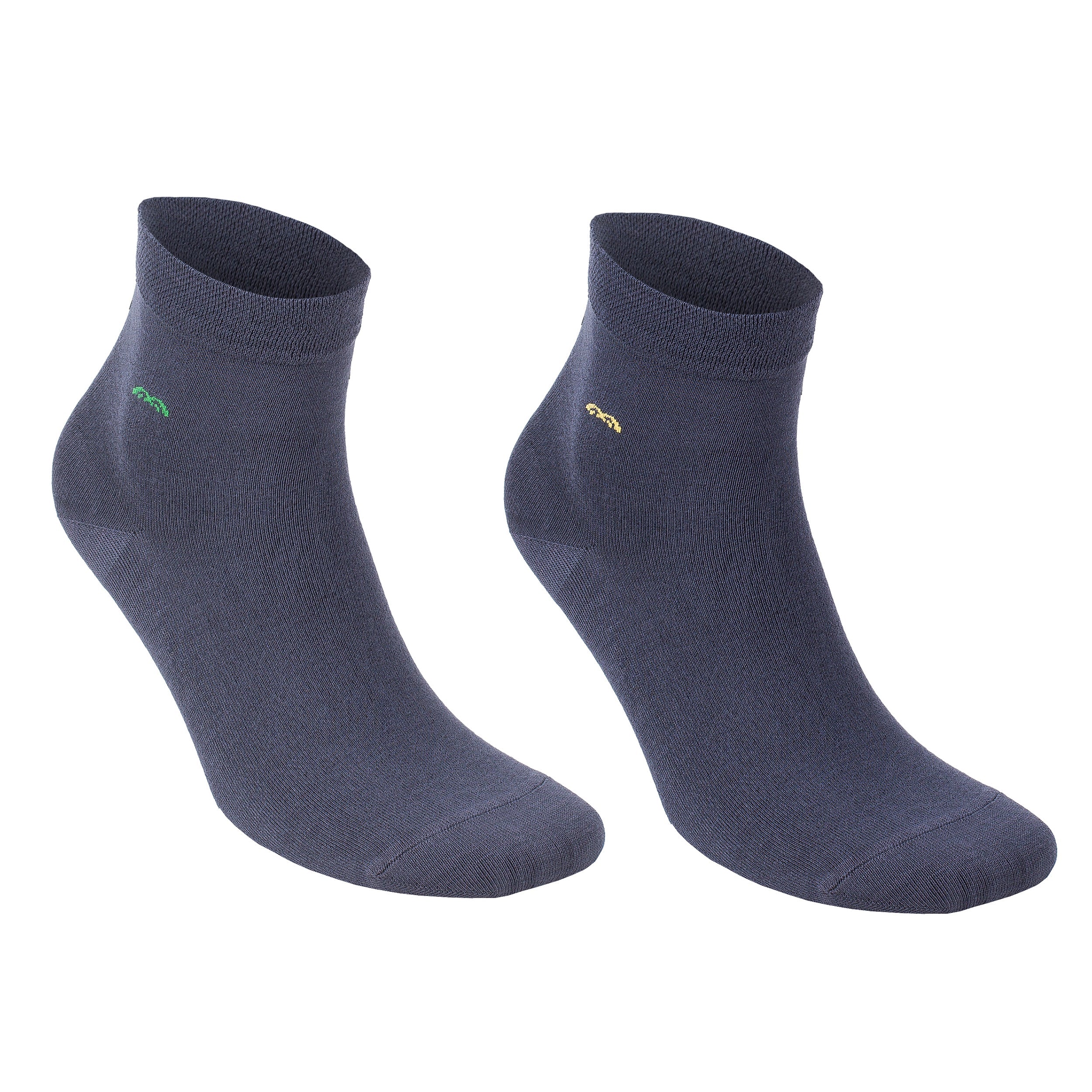 Men's bamboo lightweight trouser dress socks, navy pair with small logo accents.