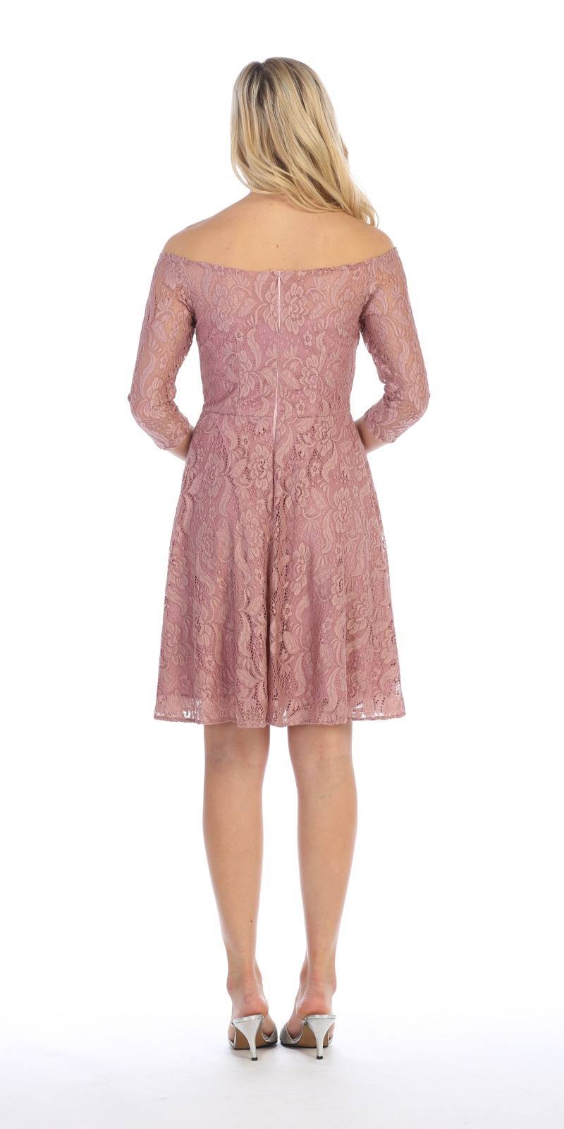 Off-the-shoulder lace A-line dress, dusty pink, back view