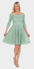 Off-the-shoulder lace A-line dress, sage green, 3/4 sleeves