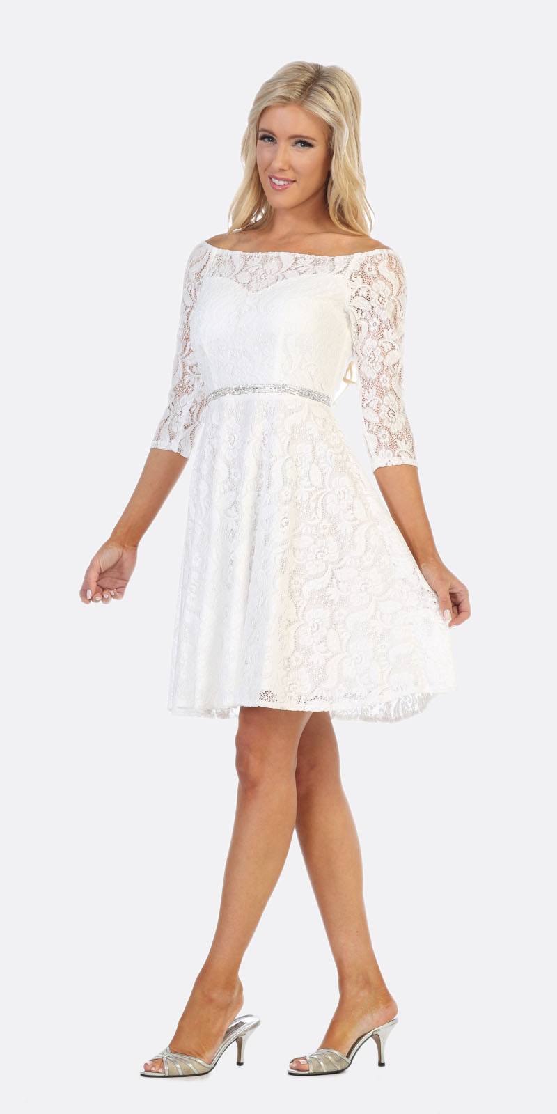 Off-the-shoulder lace A-line dress, white, 3/4 sleeves
