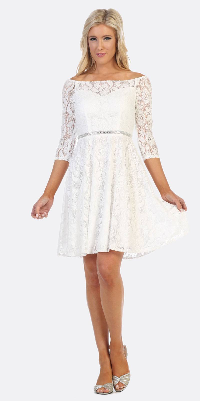 Off-the-shoulder lace A-line dress, white, short hem
