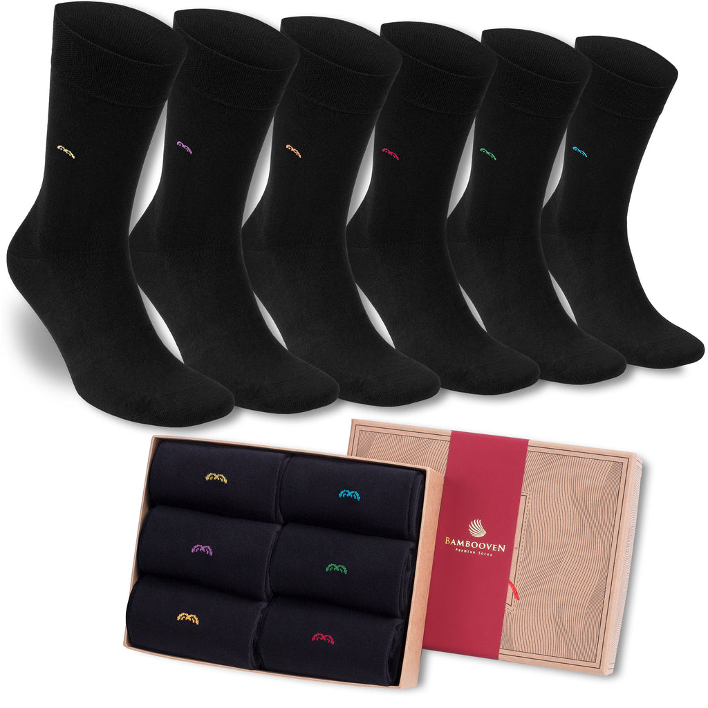 Bamboo trouser socks 6-pack, black crew pair with small rainbow accents