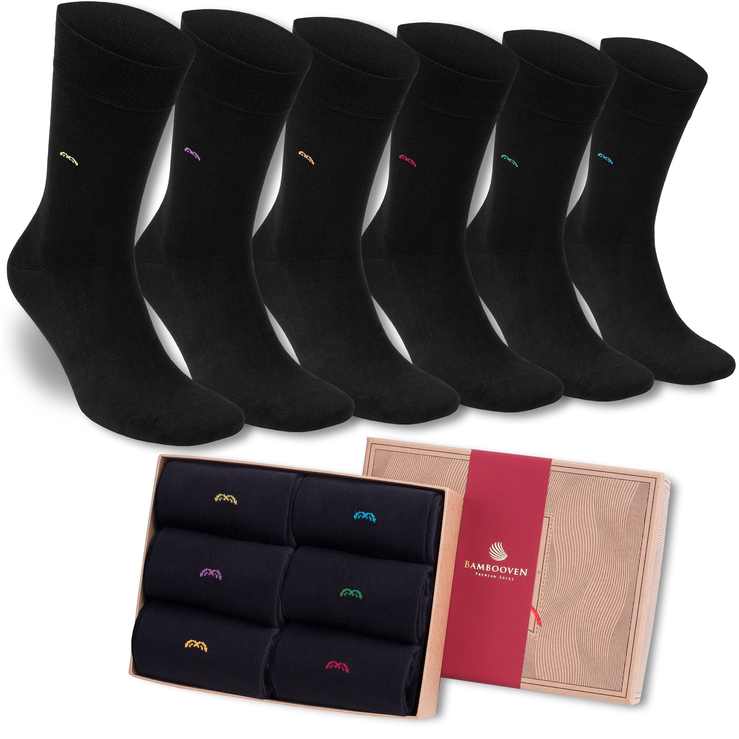 Bamboo trouser socks 6-pack, black crew pair with small rainbow accents