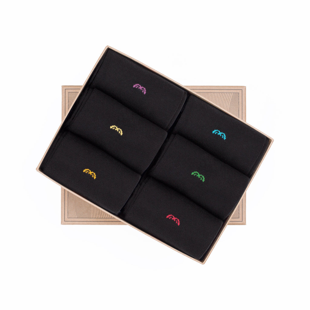 Bamboo trouser socks 6-pack in box, black crew socks with multicolor rainbow icons