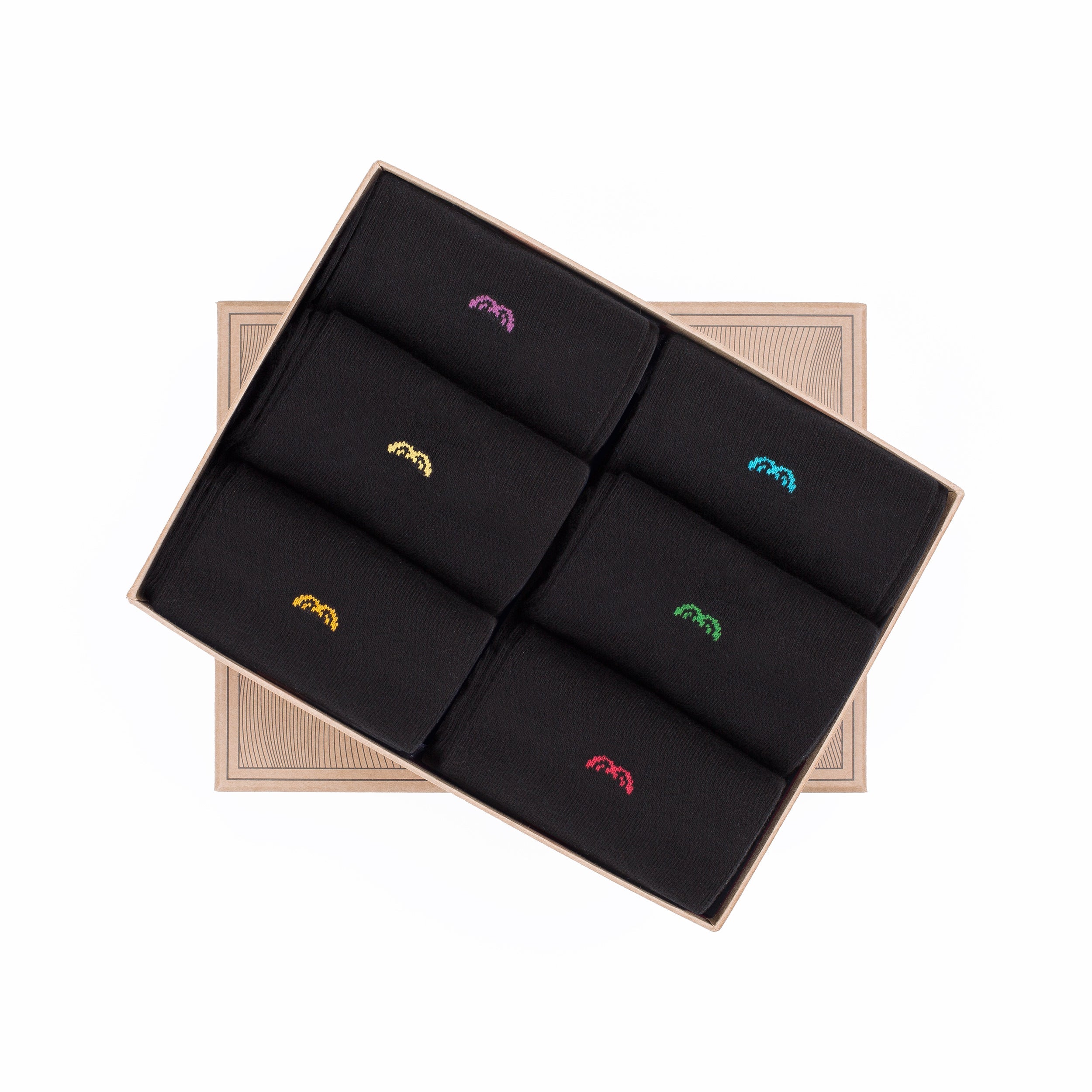 Bamboo trouser socks 6-pack in box, black crew socks with multicolor rainbow icons