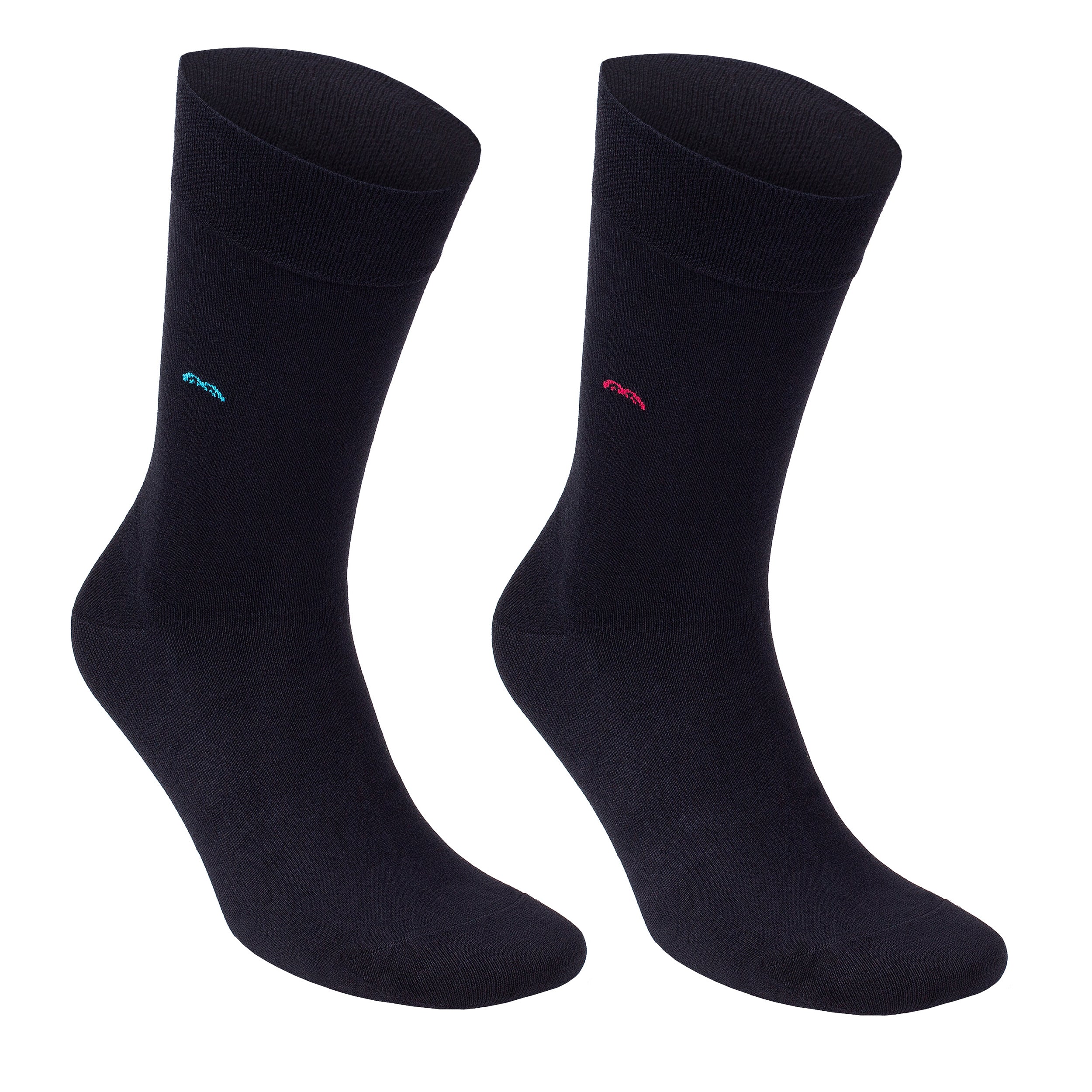 Bamboo trouser socks, black crew pair with tiny rainbow arches on the sides