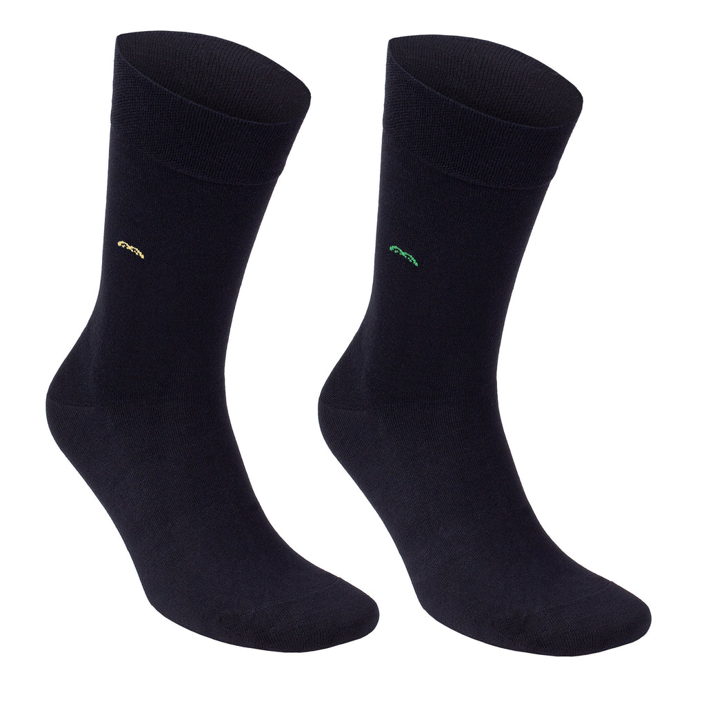 Bamboo trouser socks, dark crew pair with small rainbow arch embroidery on sides