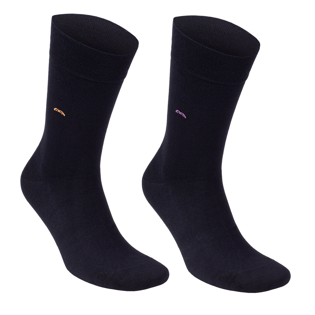 Bamboo trouser socks, dark crew pair with tiny rainbow arches on both socks