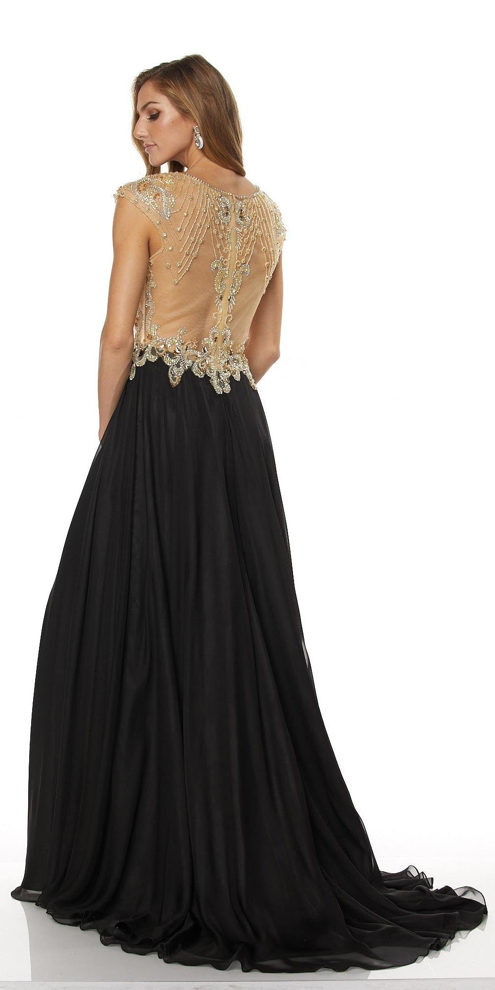 Black prom gown with gold beaded back, cap sleeves, and flowing skirt