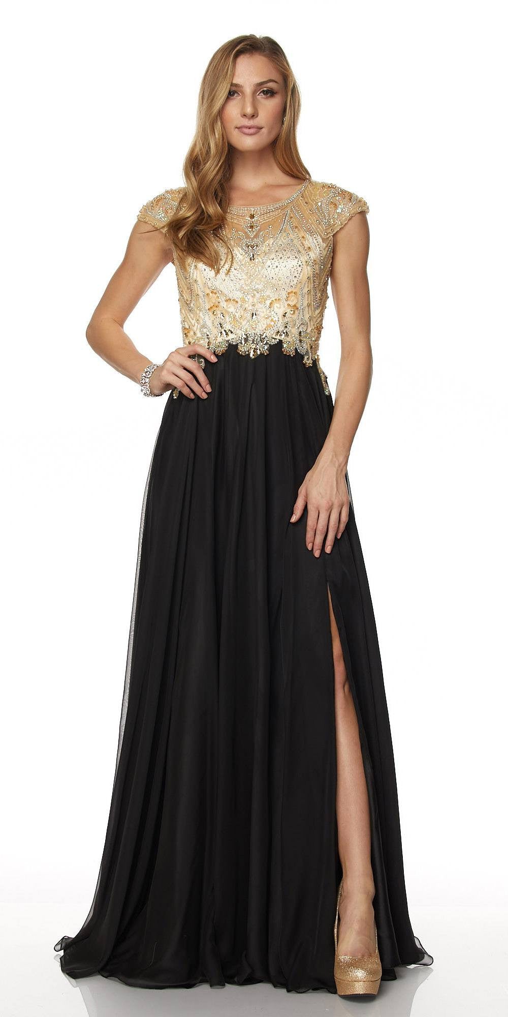 Black prom gown with gold beaded cap-sleeve bodice and side slit