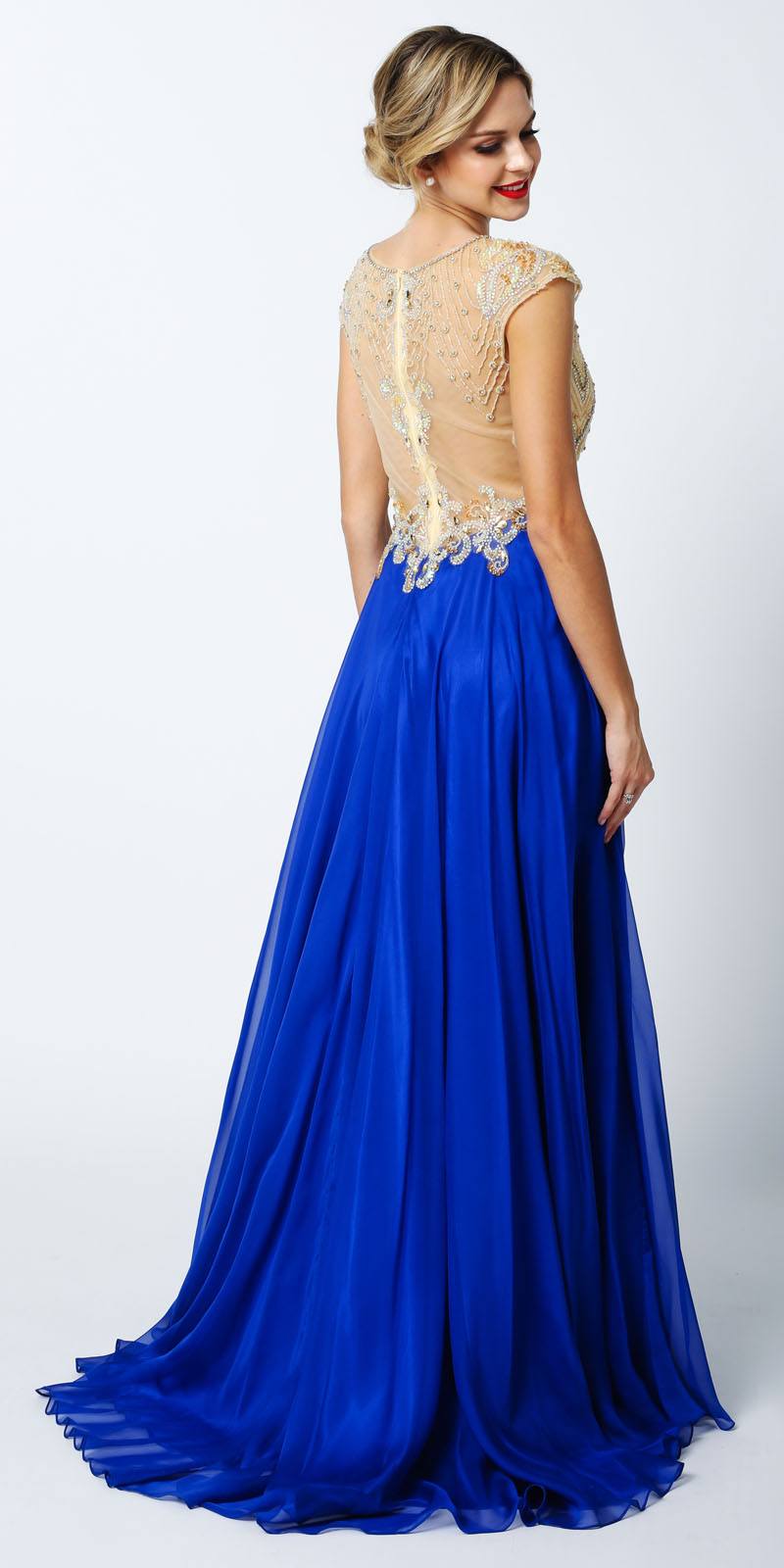 Royal blue prom gown with beaded cap-sleeve bodice and flowing skirt with train