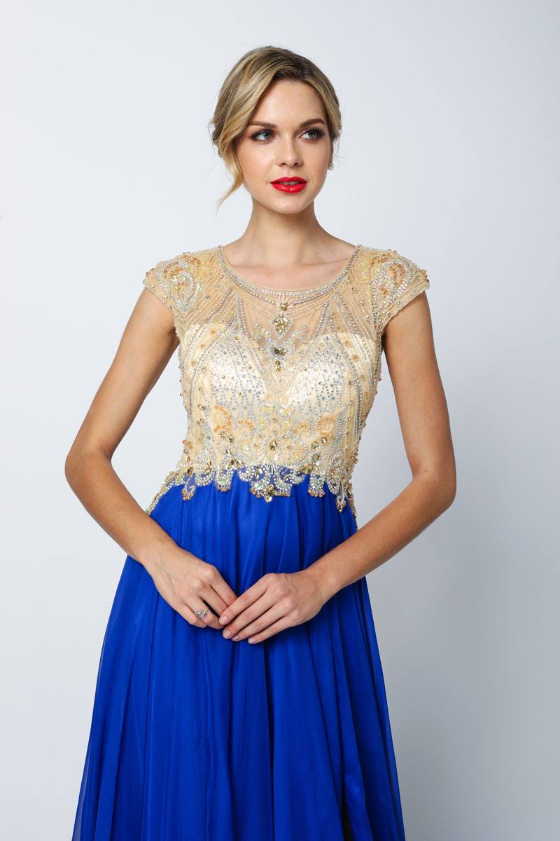 Royal blue prom gown front view with gold beaded bodice and cap sleeves