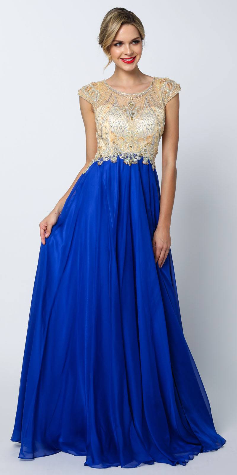 Royal blue prom gown with gold beaded cap sleeves and pleated skirt with slit