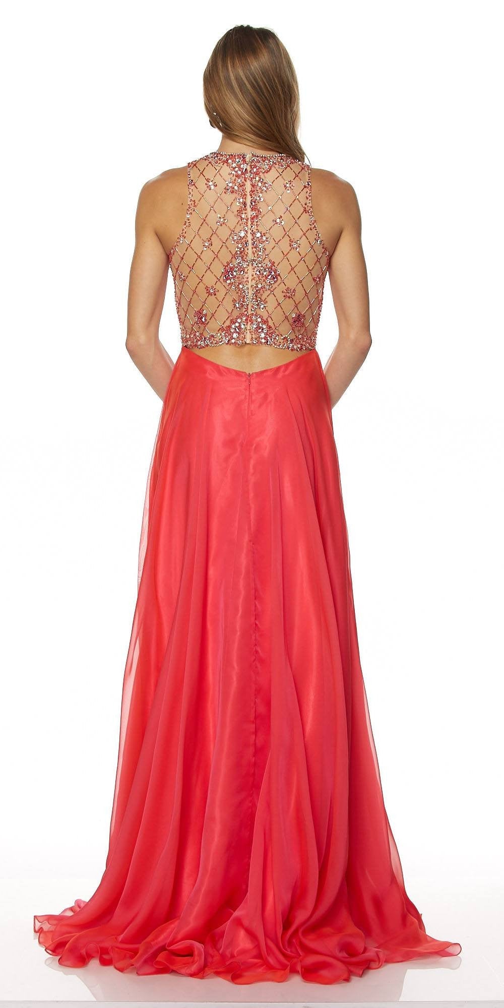 Watermelon pink sleeveless A-line rhinestone embellished gown with open back