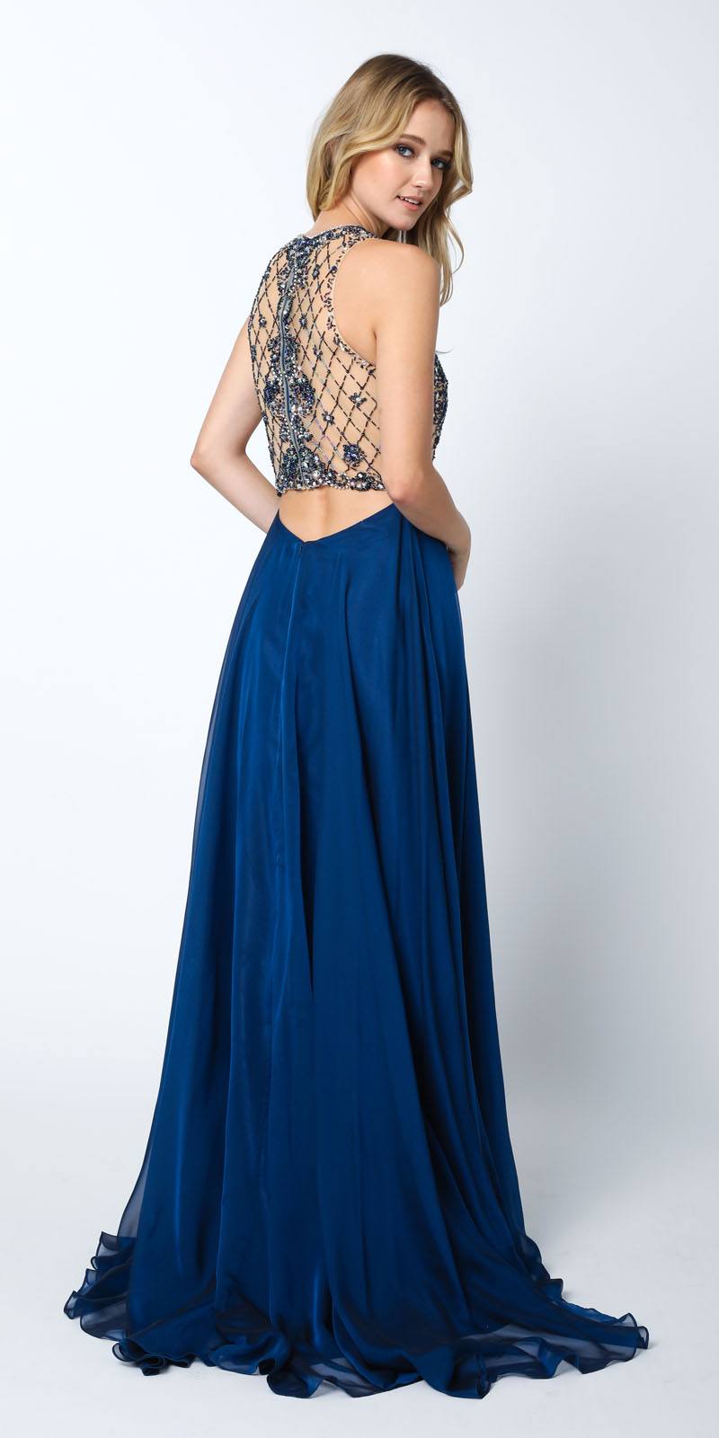 Navy blue sleeveless A-line rhinestone embellished gown, open back