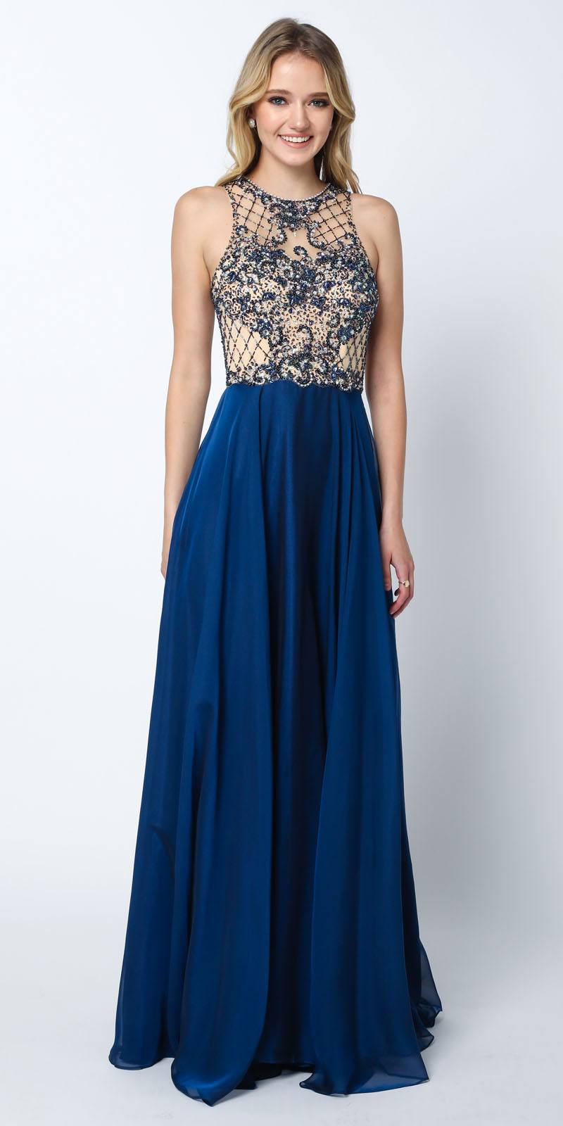 Navy blue sleeveless A-line rhinestone embellished gown with lace bodice