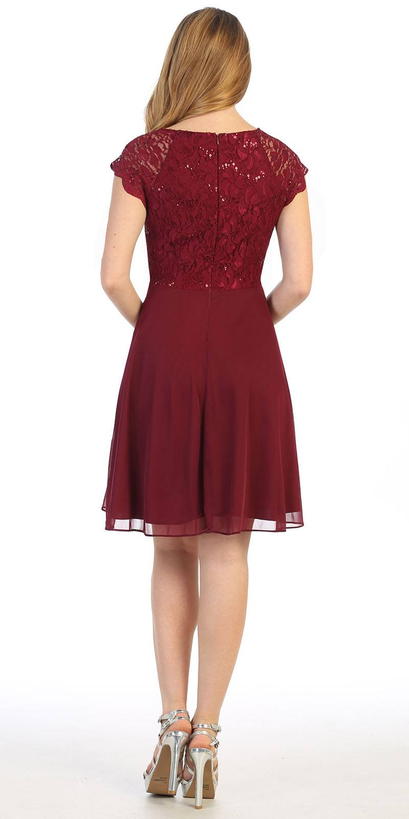 Burgundy embellished waist short-sleeve dress with sequin back and flared pleated skirt