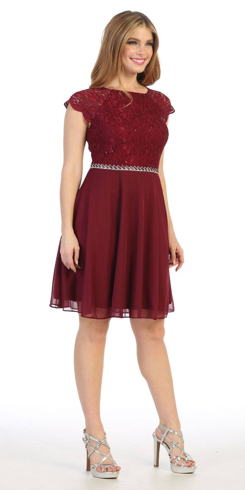 Burgundy embellished waist short-sleeve dress with sequin bodice and flared skirt