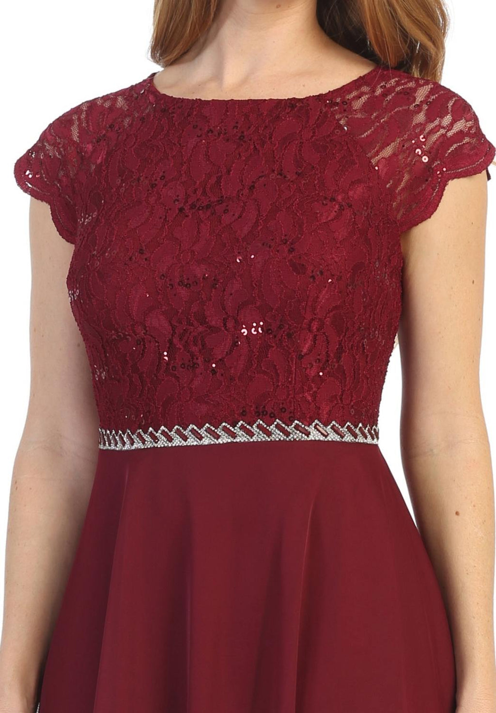 Burgundy sequin short-sleeve dress bodice with beaded waist trim