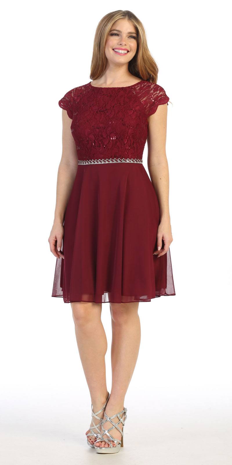 Burgundy embellished waist short-sleeve dress with sequin bodice and cap sleeves
