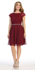 Burgundy embellished waist short-sleeve dress with sequin bodice and cap sleeves