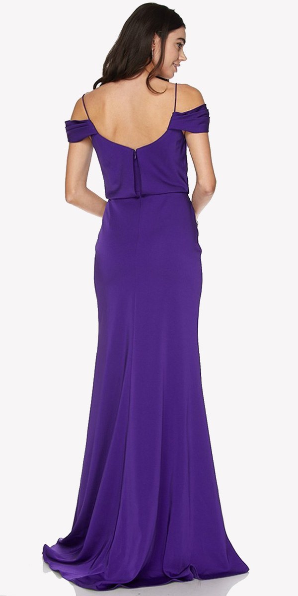 Purple off-shoulder long dress, back view with short sleeves and V-back