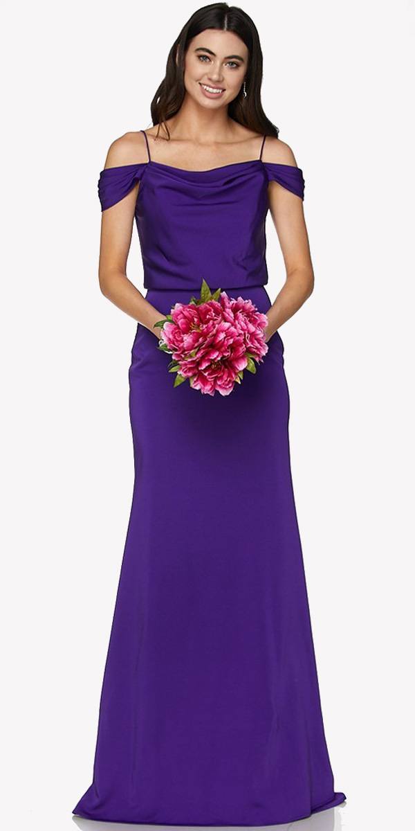 Purple off-shoulder long dress with draped neckline and fitted waist