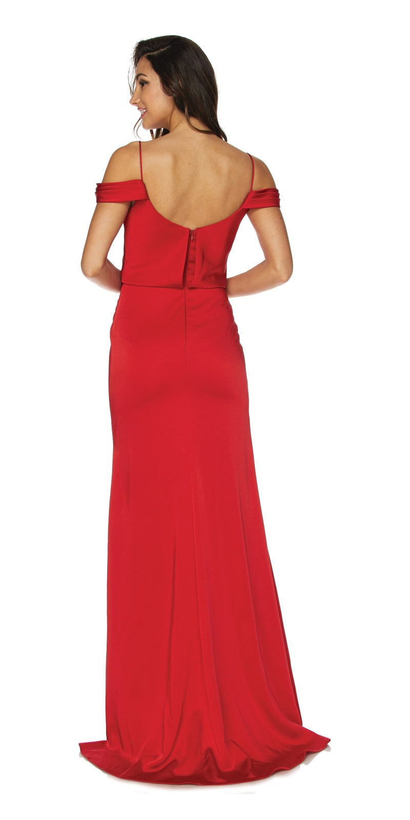 Red off-shoulder long dress, back view with fitted seams and long skirt