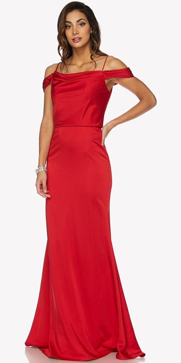 Red off-shoulder long dress with straight neckline and fitted waist, mermaid flare