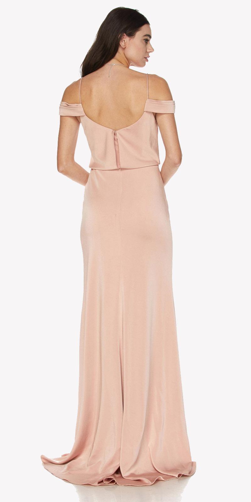 Blush off-shoulder long dress, back view with gathered seams and long skirt